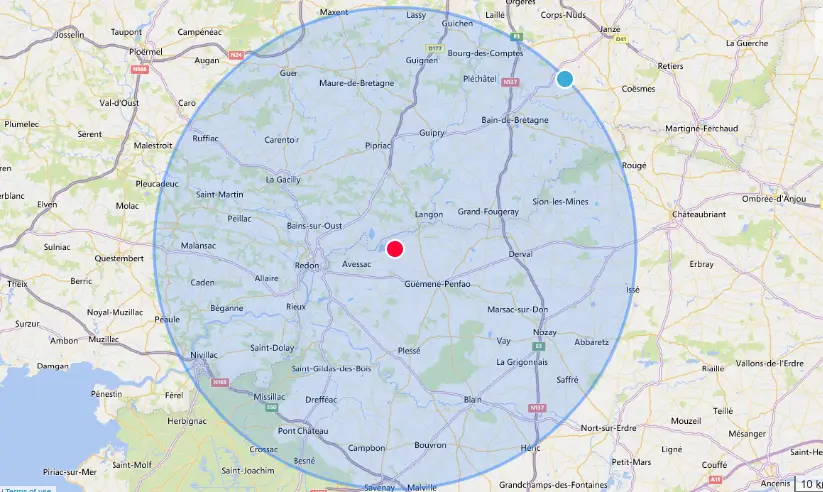 zone d'intervention d'un rayon de 30km autour de Massérac.Redon, Nozay, Plessé, Redon, Pipriac